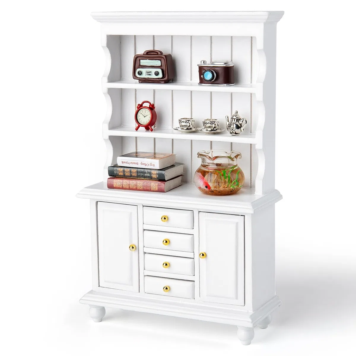 1:12 Set Librerie Per Case Delle Bambole, 11 Pezzi Mini Libreria In Legno Con Sveglia, Acquario, Libri, Tazzine Da Caffè Accessori Per Soggiorno, Sala Da Pranzo, Studio E Altre Scene