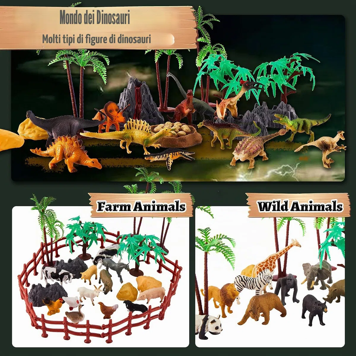 TOEY PLAY 3 in 1 Animali Giocattolo per Bambini, Animali Fattoria, Dinosauro Giocattolo, Animali Della Giungla, Giochi Bambini 3 4 5 6 Anni, 56 Pezzi, Mini Animali Realistici con Valigia