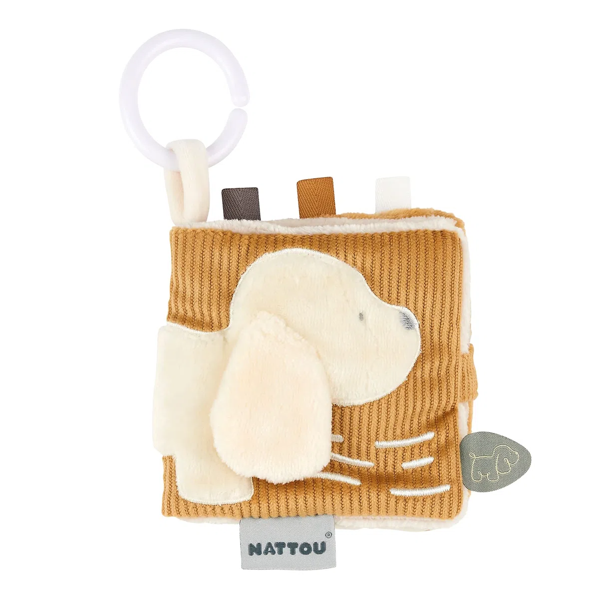 Nattou Libretto per Bambini in Cotone e Poliestere, Charlie Il Cagnolino, con attività Divertenti, Ca. 12 x 12 cm, Vegano, Cotone/Poliestere, Marrone