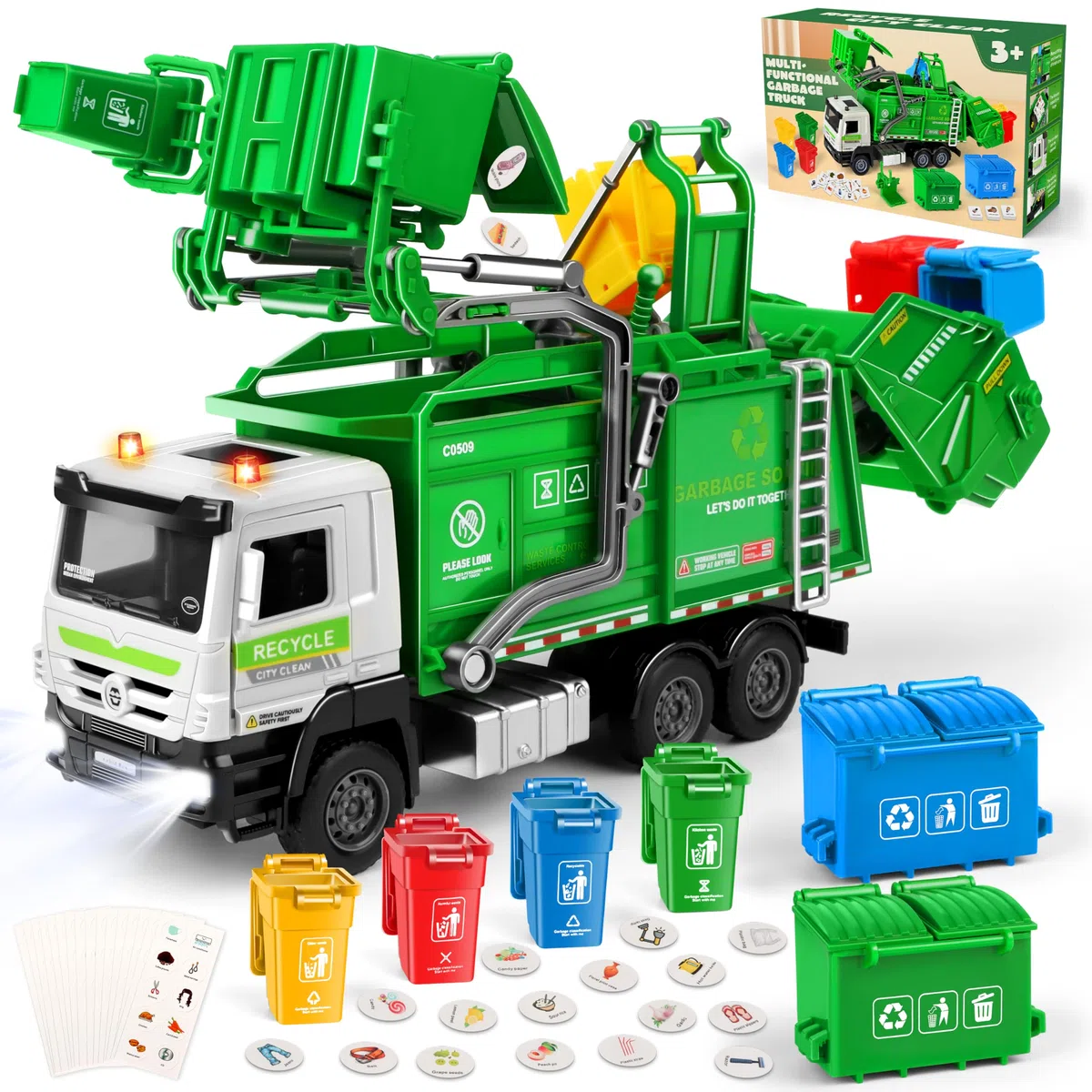 Charmofun Camion Spazzatura, Camion dei Rifiuti con 6 bidoni della spazzatura, 180 Carte del Rifiuto, Luci e Suoni, Camions Immondizia Regalo per Bambini e Bambine 3+