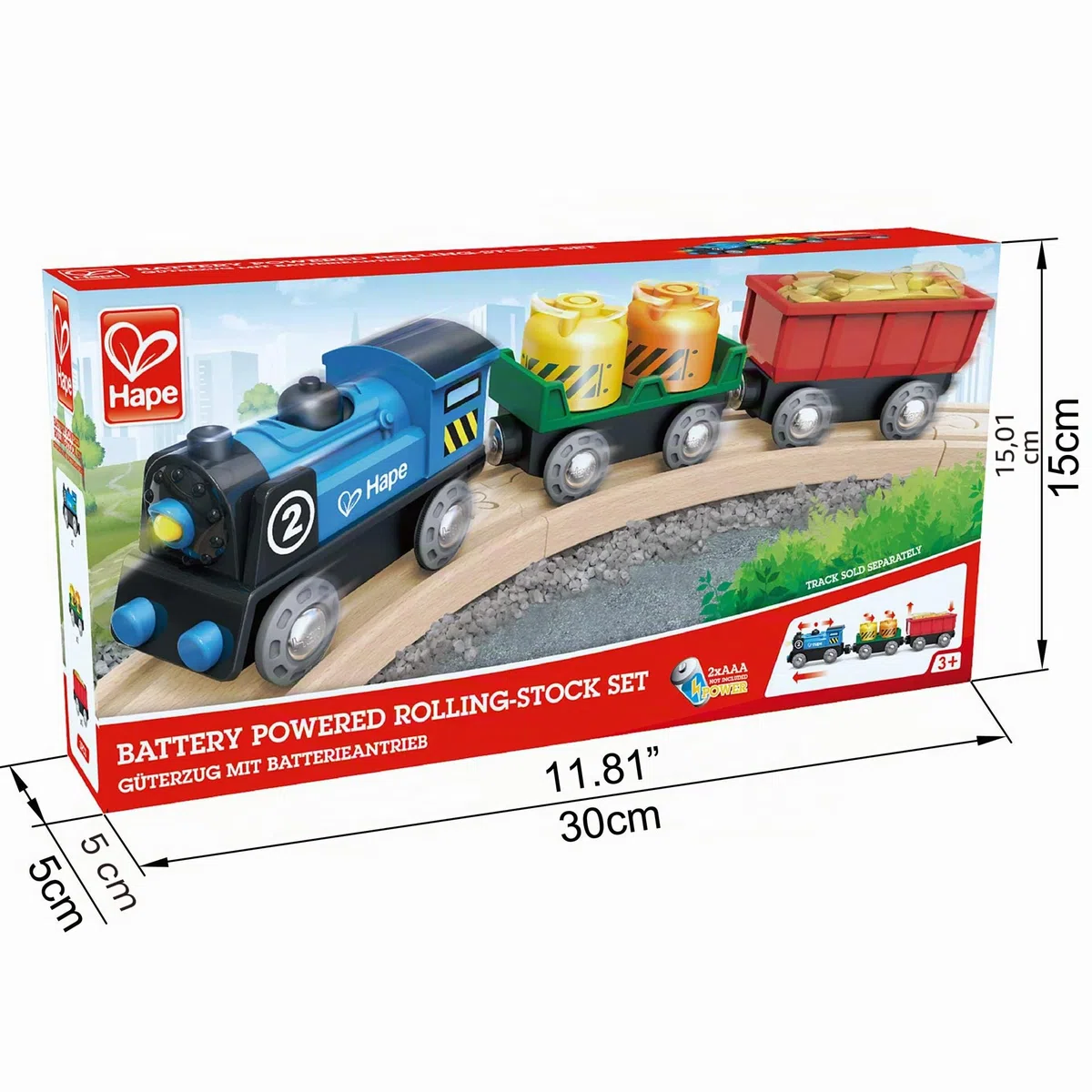 Hape Treno merci a batteria - Locomotiva giocattolo con due vagoni dotati di luci, effetti e giunti magnetici compatibili per gioco a tema ferrovia dai 3 anni