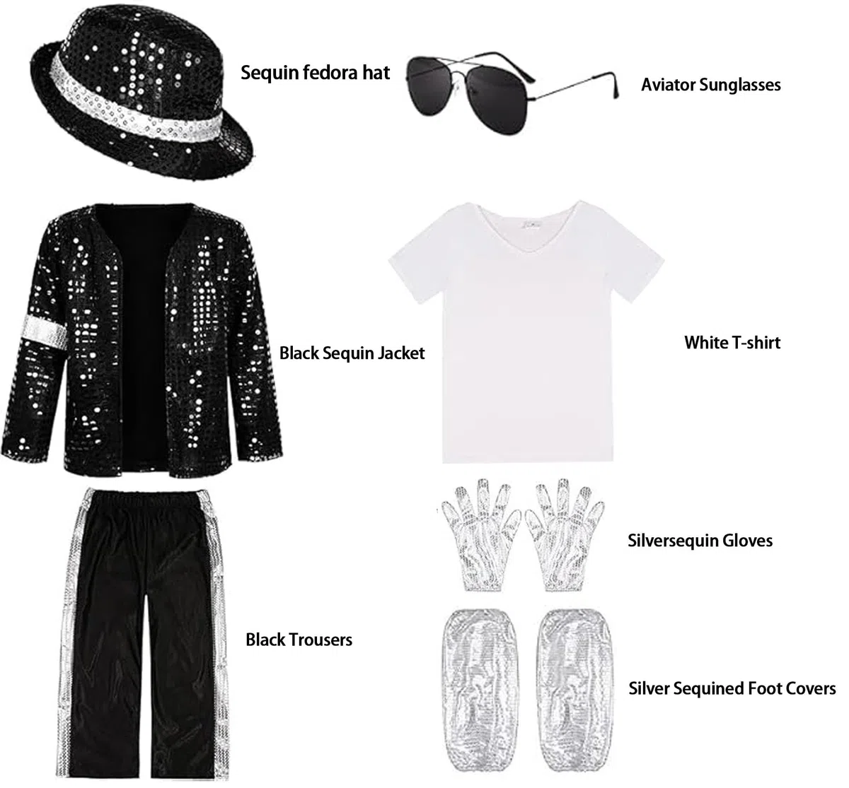 Generico 7 Pcs per Costume Halloween Pop Star - Giacca Nera con Paillettes, Pantaloni, Cappello, Guanti Travestimento Retrò Anni '80/'90 per Spettacoli Scena per Feste Halloween
