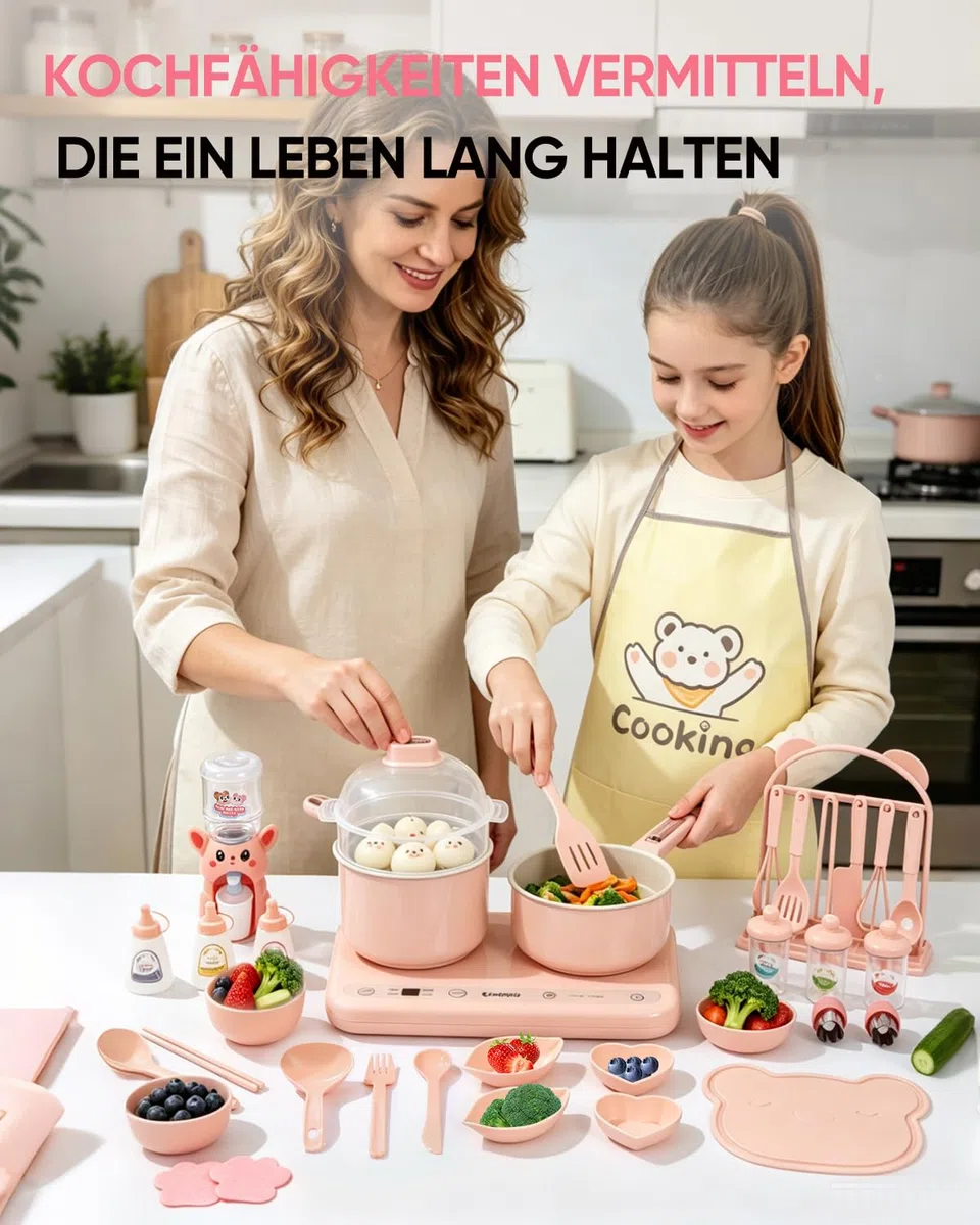BICRET Set da cucina elettrica per bambini con doppio fuoco, accessori completi, include utensili da cucina e coltello da chef sicuro, per bambini dagli 8 ai 12 anni (rosa)