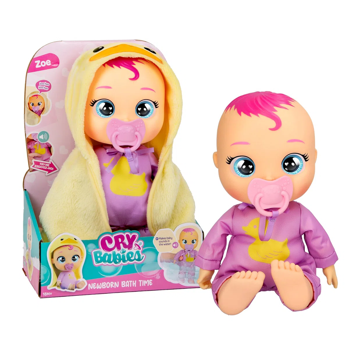 CRY BABIES Newborn Bath Time Zoe, Bambola Reagisce Quando Si Bagna, Impermeabile, Piange Lacrime Vere, Ha un Accappatoio Personalizzato, Bambini dai 18 Mesi in su