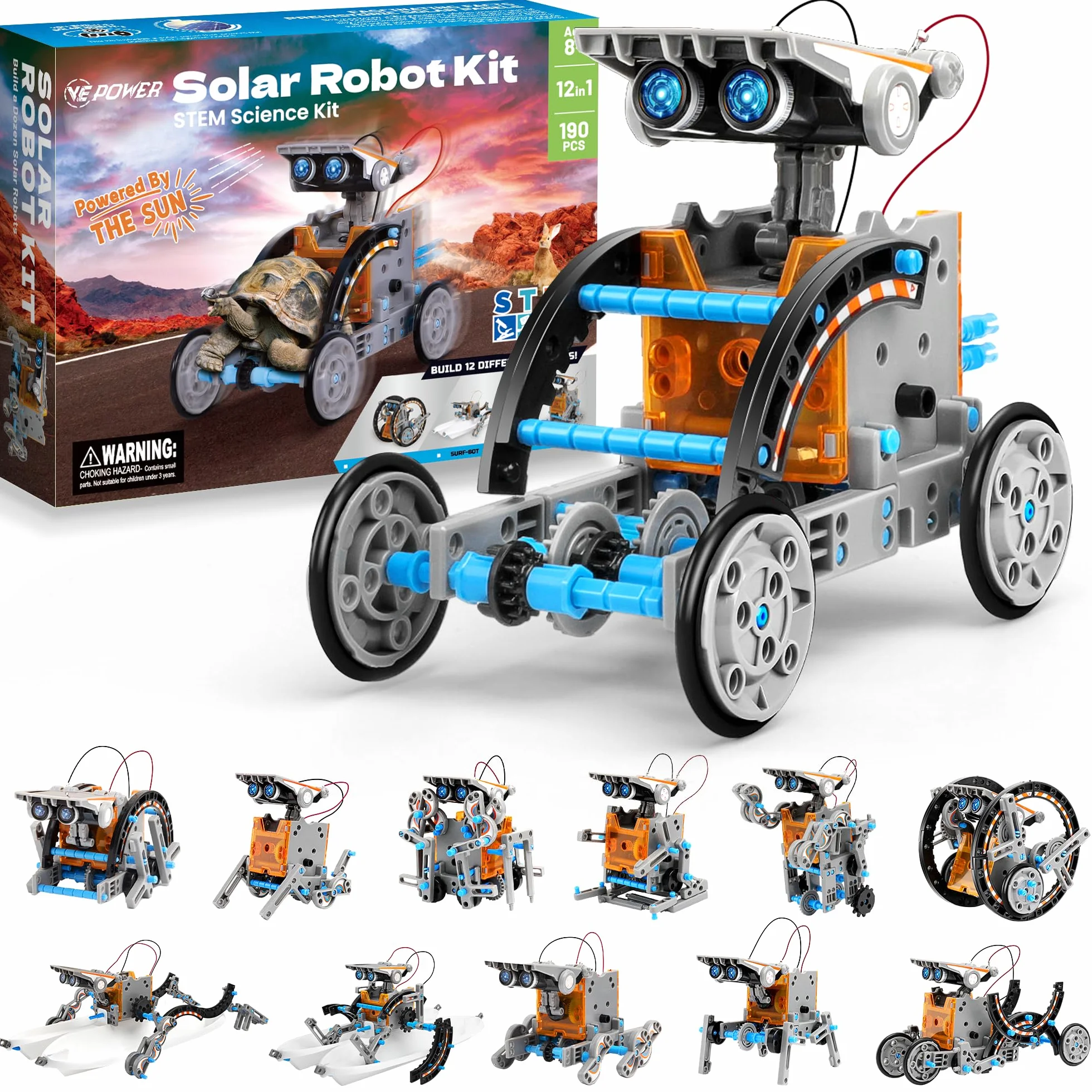 VEPOWER Energia Solare Robot, 12 in 1 Giocattoli Educativi, STEM Construcktion Set, Kit Esperimenti di Assemblaggio Fai da Te per Ragazzi, Regalo di 8-13 Anni(190 pezzi)