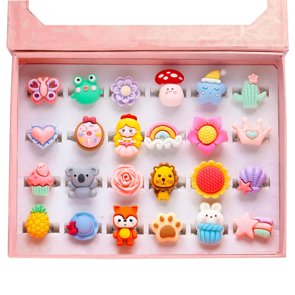 PinkSheep Anelli gioiello per bambina in scatola, regolabili, non duplicabili, anelli per gioco e per vestire la bambina (24 anelli di superficie)