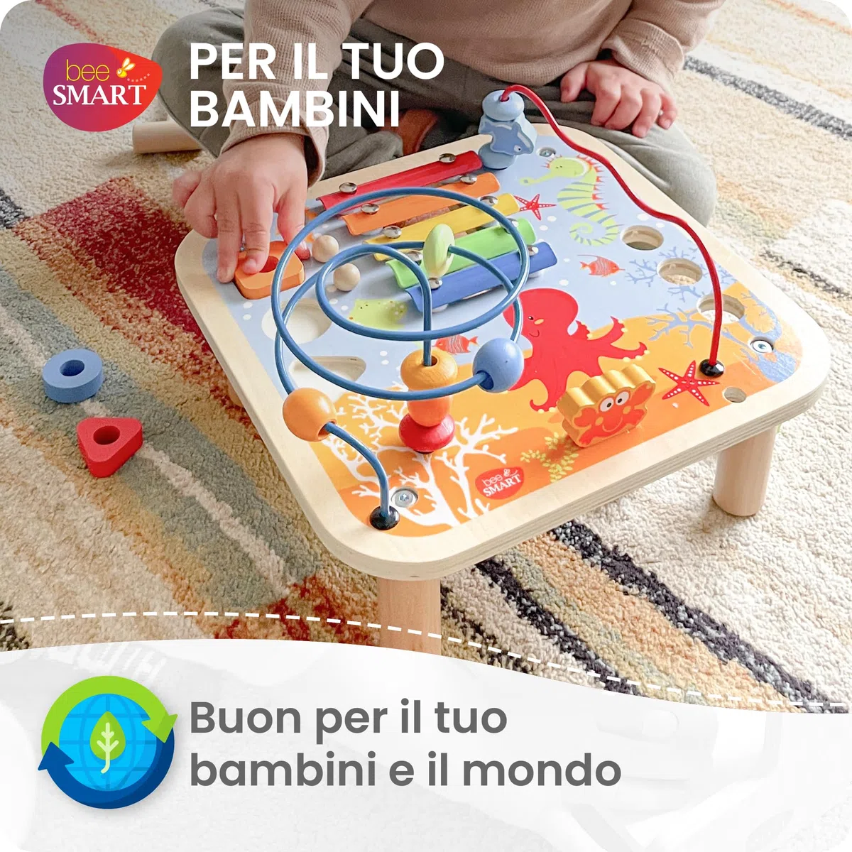 Tavolo di attività in legno - Gioco 5 in 1 per bambini | Xilofono, labirinto di perline, banco del martello, smistatore di forme | Regali di giocattoli educativi montessoriani di attività per bambini