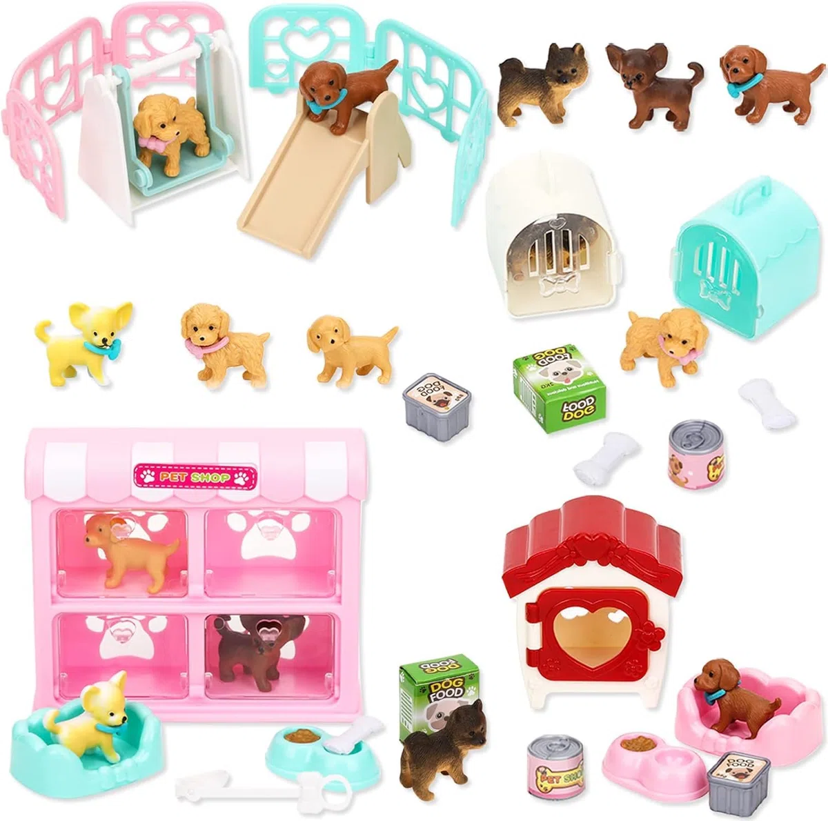 27 Pezzi Mini Figurine di Cani, Cane in Miniatura Figurine di Cuccioli Realistici, Accessori Casa delle Bambole in Miniatura Canile Altalena Miniatura Scivolo per Micro Decorazione Paesaggistica
