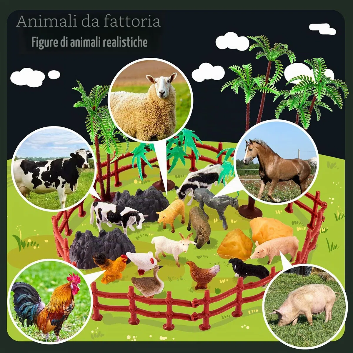 TOEY PLAY 3 in 1 Animali Giocattolo per Bambini, Animali Fattoria, Dinosauro Giocattolo, Animali Della Giungla, Giochi Bambini 3 4 5 6 Anni, 56 Pezzi, Mini Animali Realistici con Valigia