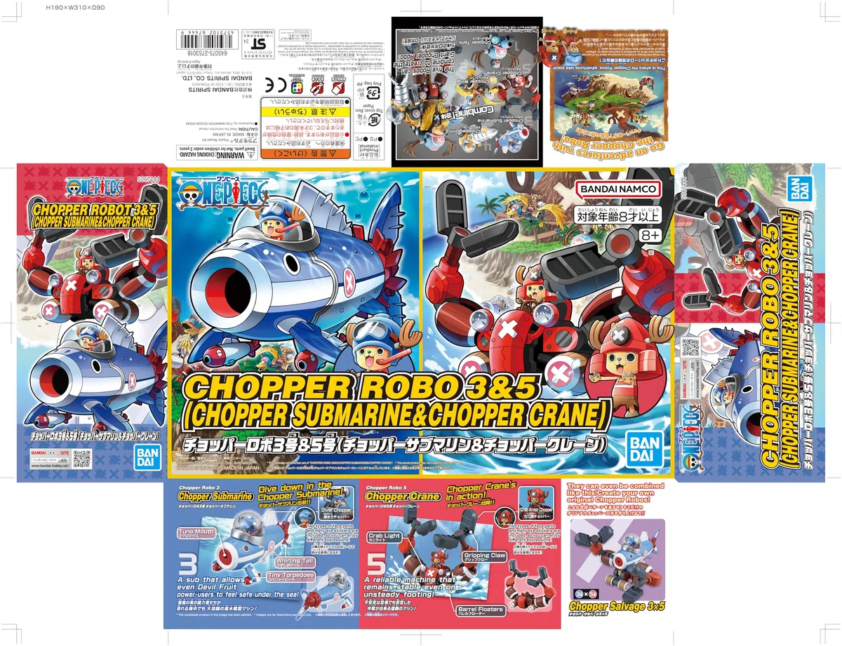 Bandai Spirits Robot Chopper One Piece No. 3 & 5 (Chopper Submarine & Chopper Crane) Modello in plastica codificato a colori