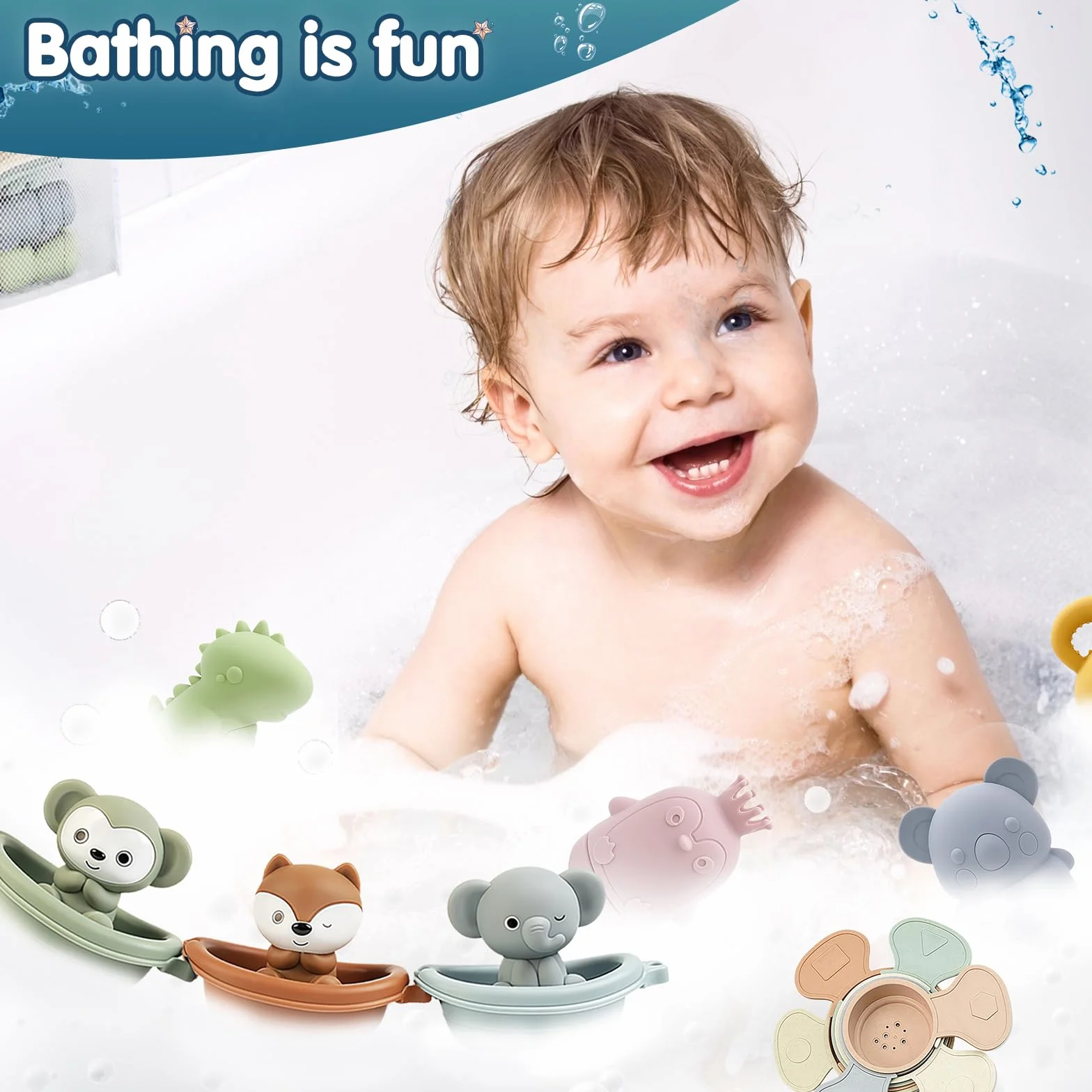 Giocattoli da Bagno Bambini, 16 Pezzi Morbido Silicone Giochi Bagnetto, Giochi Bagnetto, Gioco Sensoriale per Neonati Ragazze Ragazzi 1 2 3 Anni, Giocattolo a Acqua per Bagno, Piscina, Spiaggia