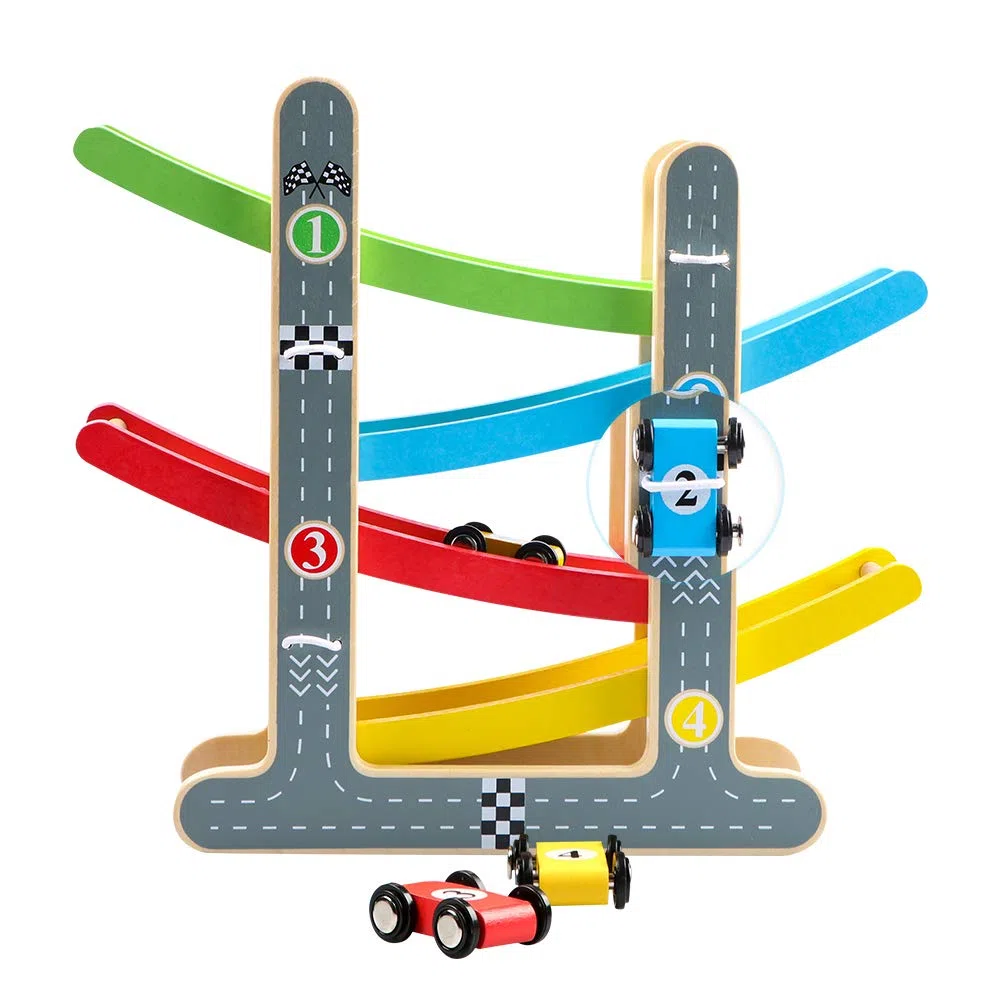 Jacootoys Pista Macchinine per Bambini Piccoli, Pista Auto Giocattolo Macchine Corsa, Pista da Corsa in Legno Giochi con 4 Mini Auto