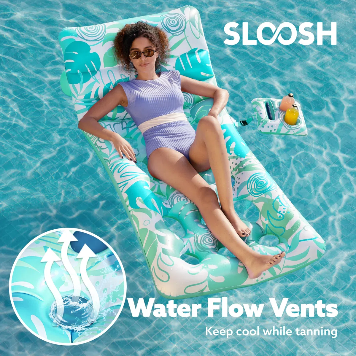 SLOOSH Materassino Gonfiabile per Piscina per Adulti, Lettino Galleggiante con Foglie Tropicali, Schienale Regolabile, Portabicchieri, Perfetto per Abbronzarsi in Piscina, Spiaggia e Lago