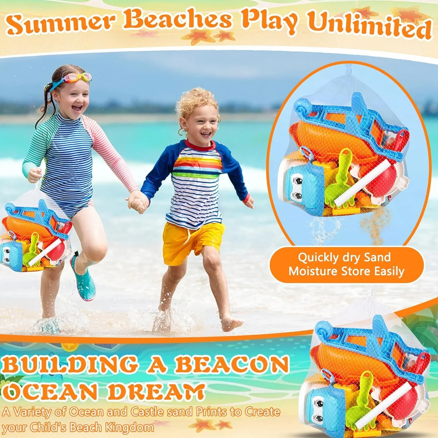 Giocattoli da Spiaggia, 30 Pezzi Spiaggia di Sabbia Giocattoli con Borsa a Rete, Secchiello, Secchiello Spiaggia, Acqua Ruota, Stampi, Giochi Spiaggia Bambini per attività All'aperto Bambini