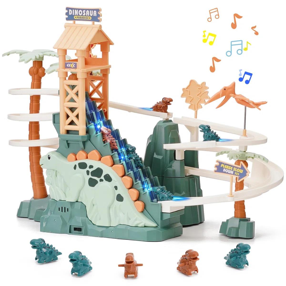 Pista da Corsa Giocattolo Dinosauro Arrampicata Scale Giocattolo Doppio Loop Scivolo per Bambini con Musica Luce Intelligenza Puzzle Educativo Playset per Bambini Ragazzi Ragazze