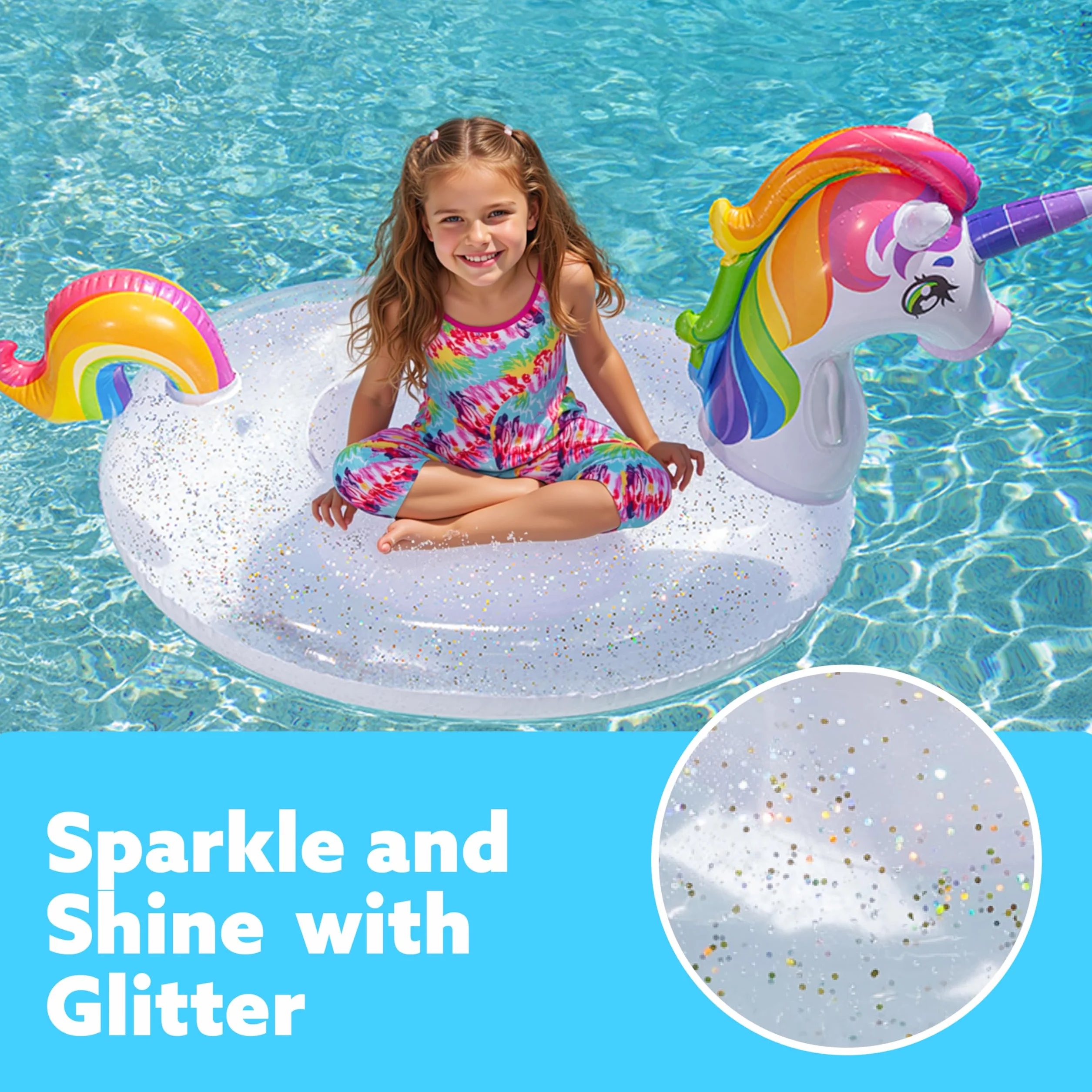 JOYIN Unicorno gonfiabile galleggiante da piscina con glitter Galleggianti divertenti spiaggia, Galleggianti unicorno, Decorazioni per feste estive Giocattoli da piscina per bambini (175x75x85cm)