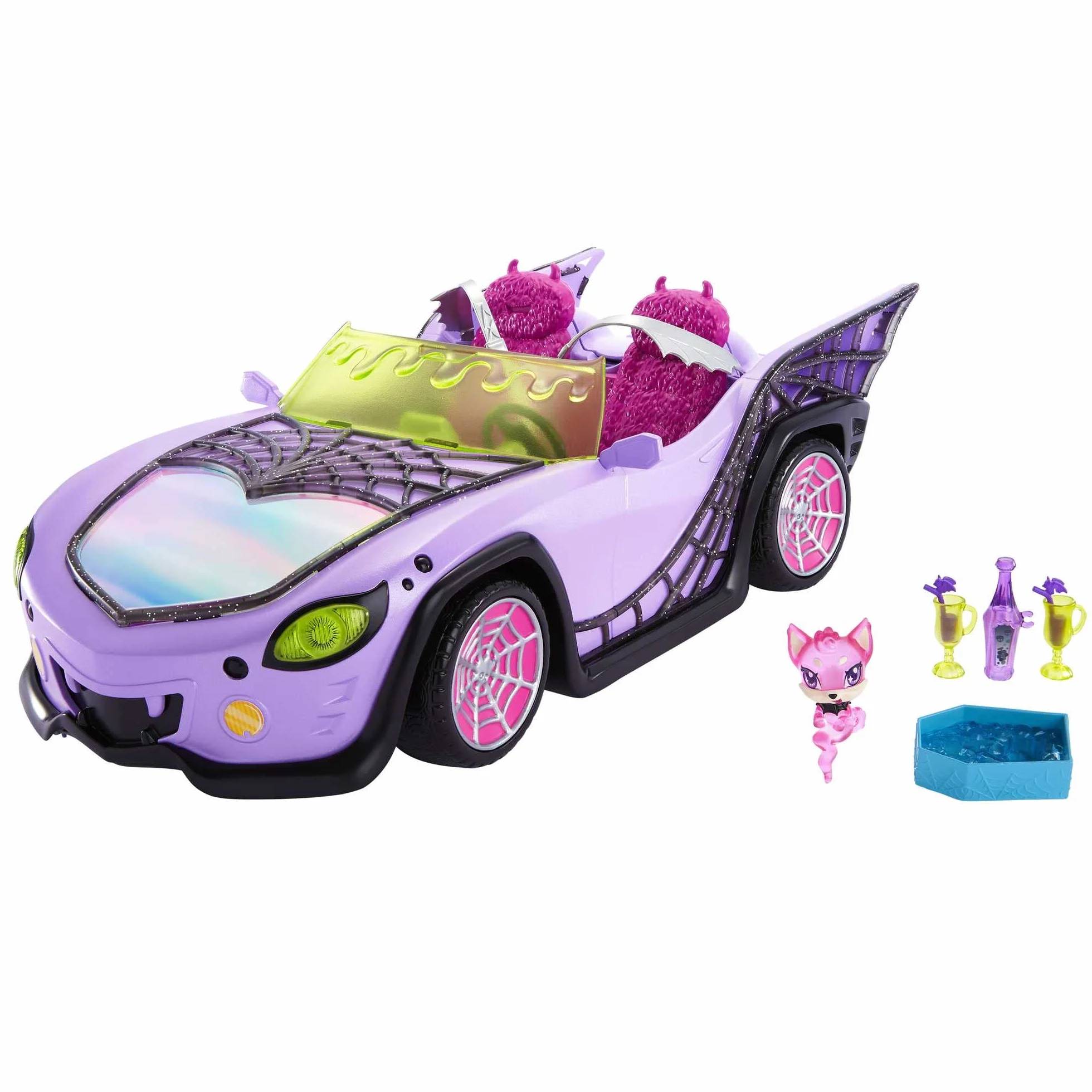 Monster High - Mostromobile, macchina giocattolo con animale, accessorio e ghiacciaia portatile, cabrio viola con dettagli a ragnatela, Giocattolo per Bambini 4+ Anni, HHK63