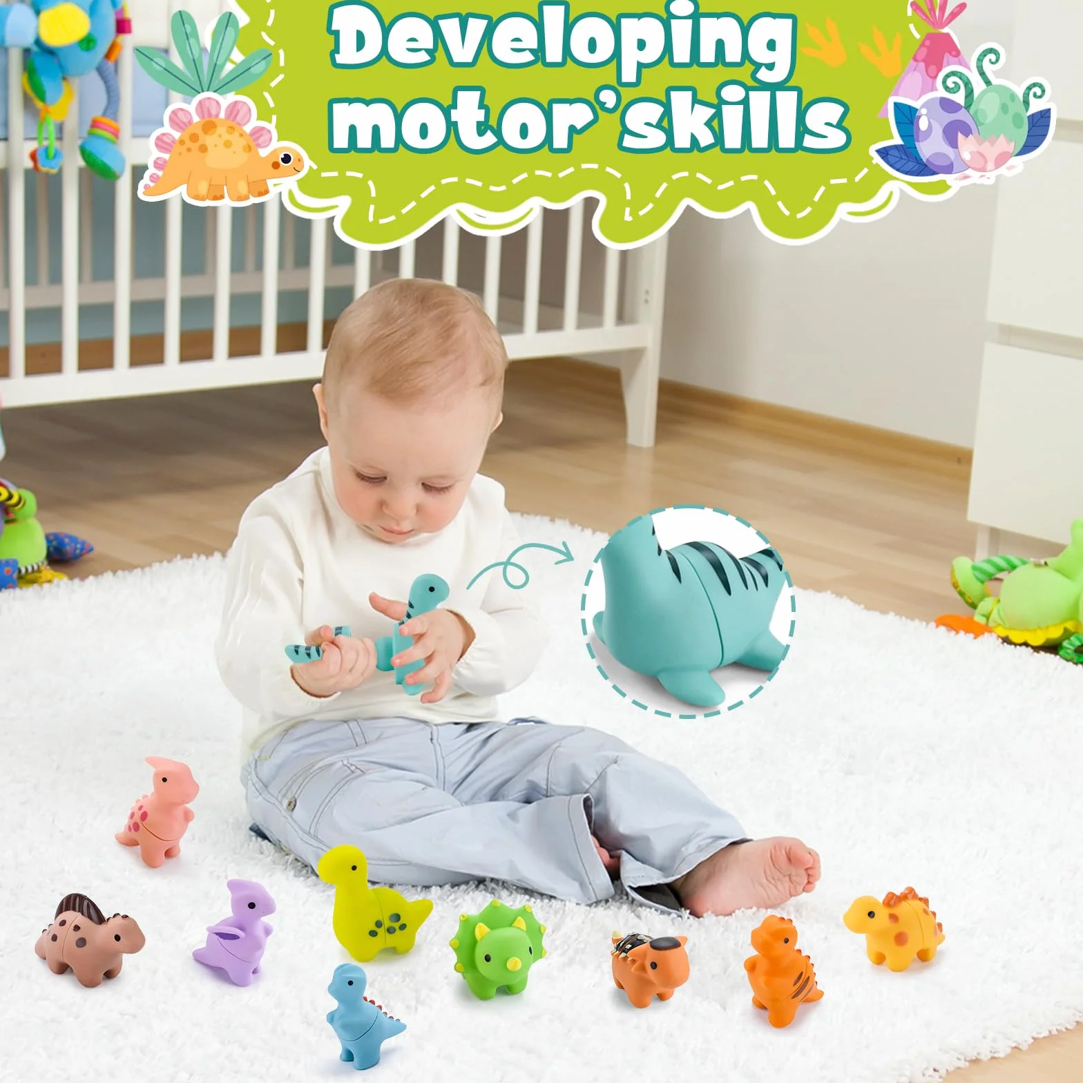 JOYBOY Giocattoli Montessori con 10 Dinosauri per Bambini 1 2 3 Anni, Giocattolo Sensoriale e di Apprendimento Motorio Selezione Colori e Impilabile, Regalo per Natale Compleanni, la Festa dei Bambini