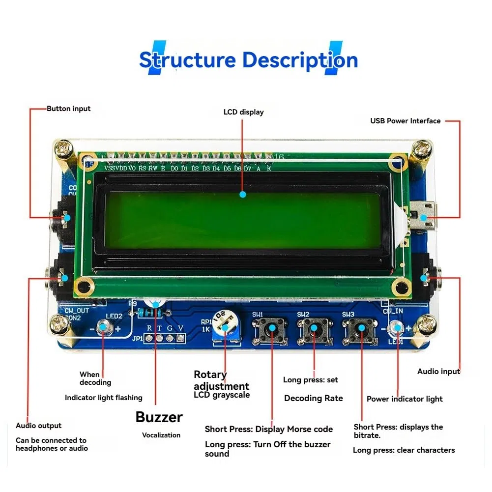 Decoder Morse Code CW Aggiornato Completato +Kit +Pulsante con Display Digitale LCD CW Trainer Morse Code Decoder Kit