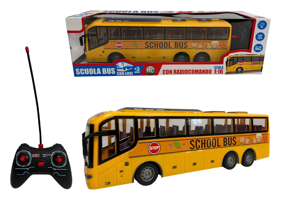 Bus Giocattolo Telecomandato con Luci Bus Grande cm 32 Pullman Giocattolo per Bambini Luci Movimento Auto Radiocomandata Autobus Ruote Gommate Scuola Buss Pullman Corriera Multifunzione Scala 1:16 (A)