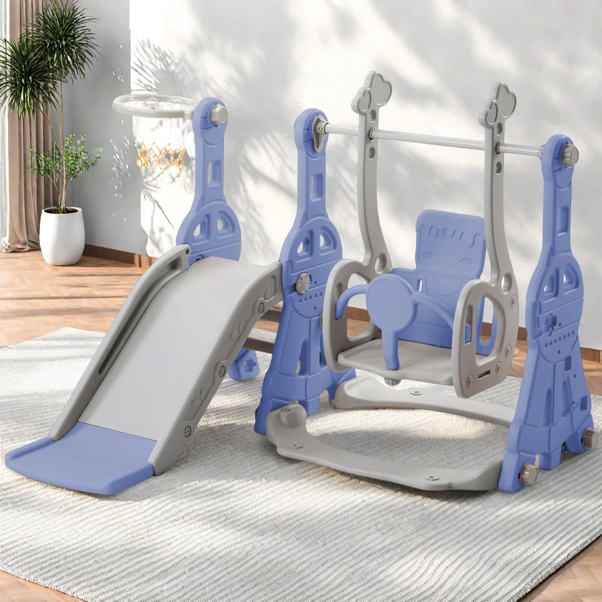 Scivolo per bambini 4 in 1, divertente scivolo con altalena, scala da arrampicata e cestino da basket, area giochi per bambini da 1 a 6 anni (blu, 140x118x102 cm)