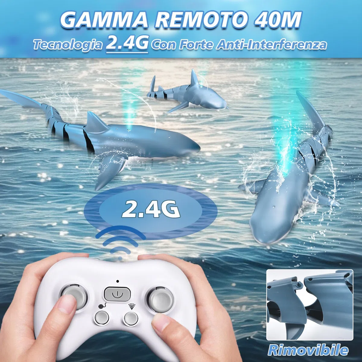 YOOHBERRYS Squalo Telecomandato, 2.4GHz Squalo Giocattolo, Barca Squalo RC con Luci e Getti d'acqua, Giocattolo da Piscina Regalo per 6+ Anni Ragazzo Ragazza (Illuminazione e Spruzzatura dell'acqua)