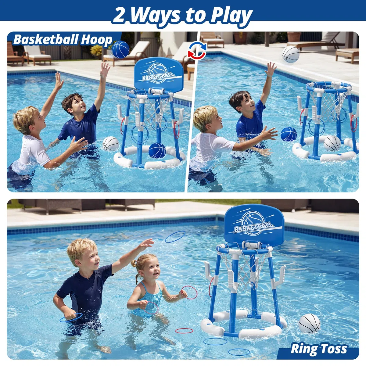 HYES Canestro da Basket per Piscina, Canestro Piscina Galleggiante con 4 Palline e Pompa, 8 Anelli, Set da Canestro Basket Giochi Acqua Piscina per Bambini e Adulti, Blu