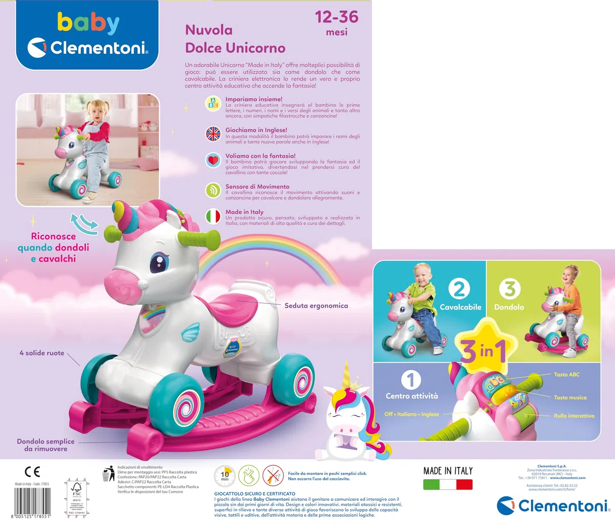 Baby Clementoni - Nuvola Dolce Unicorno, Ride On 3 in 1 Educativo per Bambino 12-36 Mesi, Gioco Parlante in Italiano e Inglese, Giocattolo Primi Passi con Suoni, Luci e attività Educative, 17855