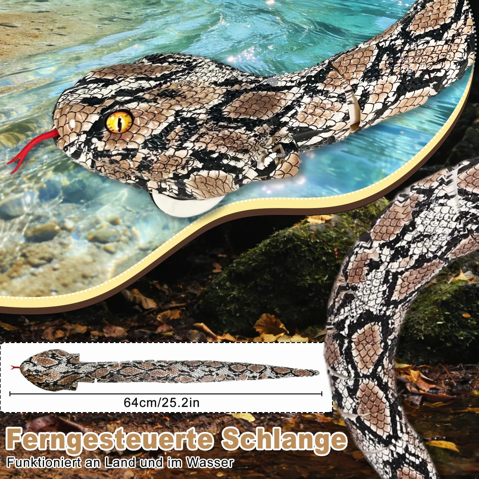 HILKKET Serpente telecomandato, serpente pitone RC da 64 cm per terra e in acqua a 5 km/h, giocattolo impermeabile per piscina