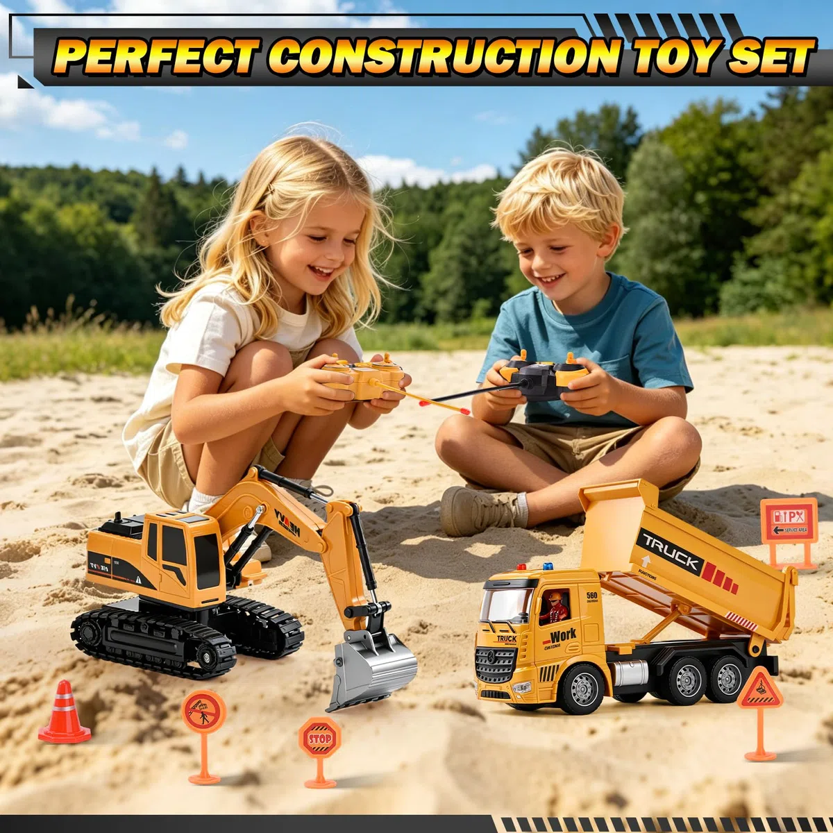 Camion Ribaltabile Telecomandato, 2.4GHz Veicolo da Costruzione RC per Bambini, Escavatore Radiocomandato con Barriere, Pietre Simulate, Luci e Rumori ecc, Giochi Bambini 4-12 Anni Regalo (A)