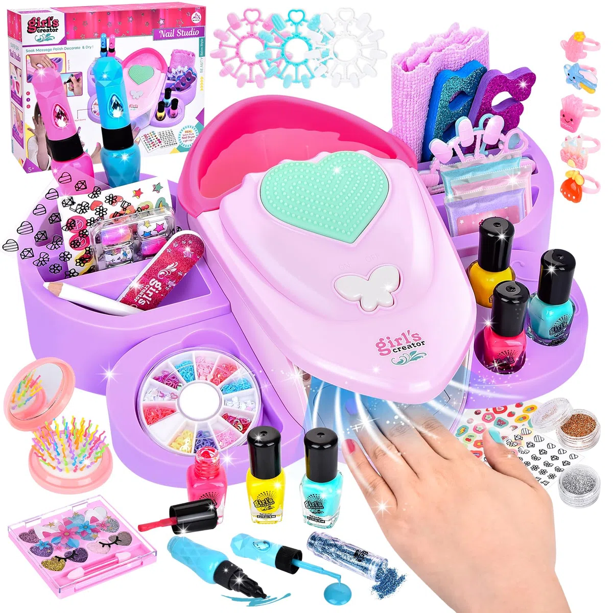 Herenear Set Unghie Bambini Kit con Asciuga, Smalti per Unghie, Kit Compleanno Gioco Regalo per Bambina Ragazza 5-9 Anni