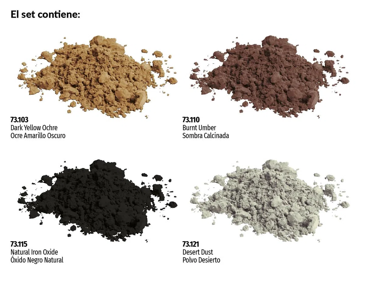 Vallejo Pigment FX Set, Kit di 4 Pigmenti Sintetici da 35 Ml, Ideale per Simulare Polvere e Sucietà in Maquettes e Diorami, Include Tutorial