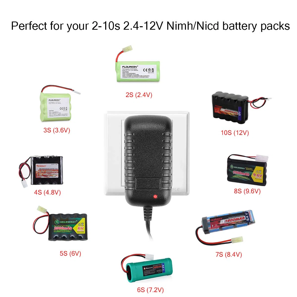 HTRC Caricabatterie Airsoft per Batteria NIMH/NICD 2-10s 2,4-12V, Caricabatterie RC Intelligente per Auto Rc Barca Rc Drone Softair, con 5 Terminali(Tamiya standard/Mini Tamiya/SM 2P/JST/HuanQi)