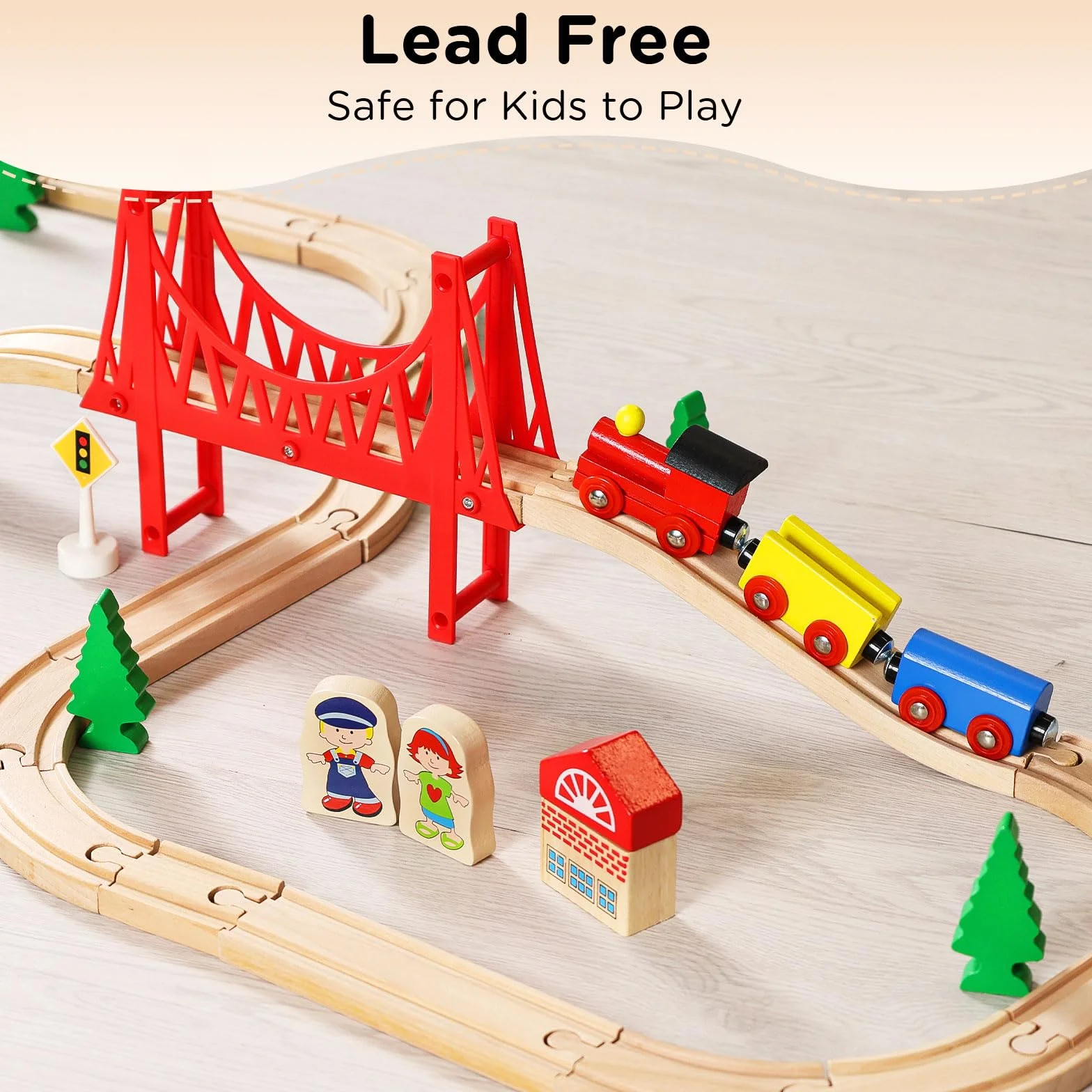 SainSmart Jr. Set di treni in legno per bambini con ponte sospeso, 37 pezzi binari in legno per Brio, Thomas, Melissa e Doug, giocattolo per treni dai 3 ai 5 anni in su