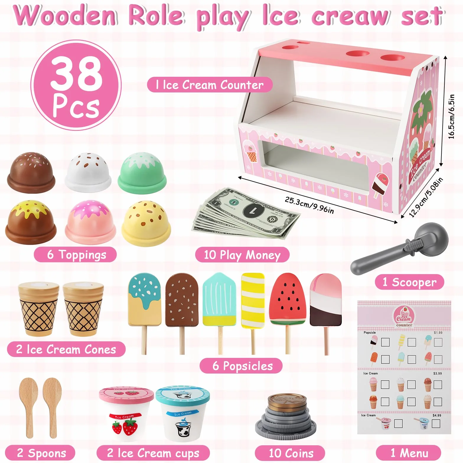 Gelateria Giocattolo per Bambini,Giocattolo per Gelato in Legno,Montessori Gioco di Ruolo Educativo Regalo per Bambinis,Gelateria Giocattoli in Legno per Bambini da 3 4 5 6 Anni Ragazzi Ragazze
