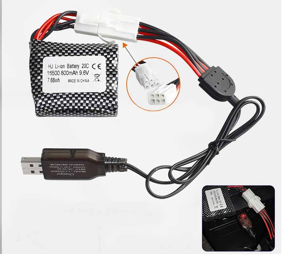 Confezione da 2 batterie ricaricabili agli ioni di litio da 9,6 V, 800 mAh, 20 C, EL-6P, con caricabatterie USB, set per auto radiocomandate, fuoristrada, camion, ponticello, veicoli Drift