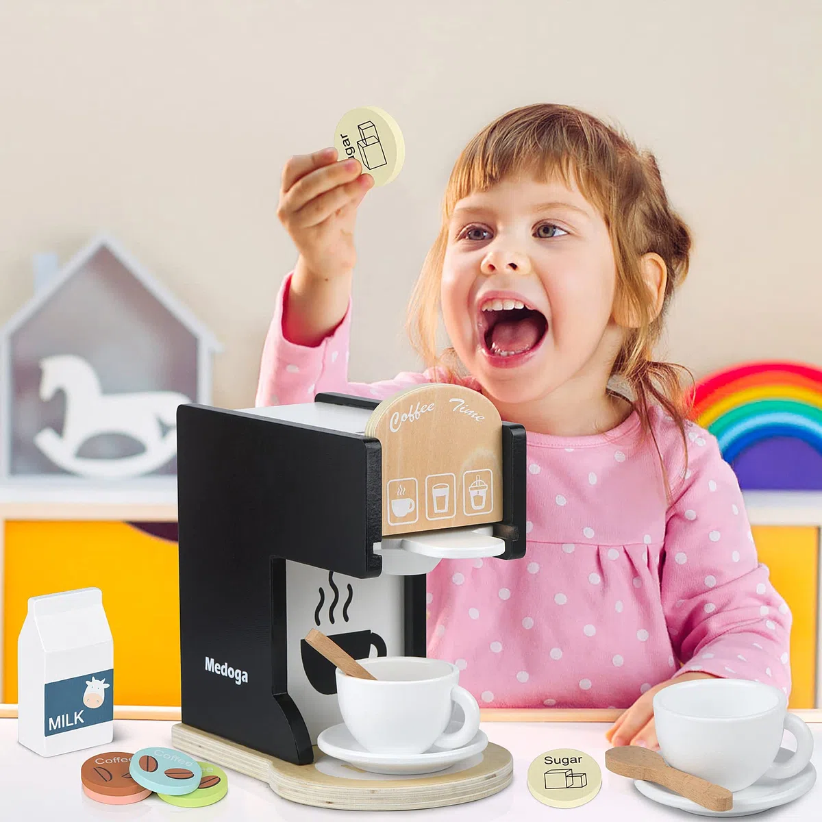 Accessori da cucina per bambini, in legno, macchina per caffè espresso, giocattolo per bambini, set da cucina per ragazze e ragazzi (Black)
