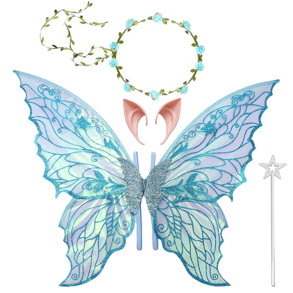 Ali da Fata a Forma di Farfalla,Ali Fata per Adulti e Bambini,Ali di Farfalla,Fairy Wings,con Orecchie da Elfo,Cerchietto da Fata e Bacchette di Fata a Stella,per Feste a Tema Carnevale Halloween