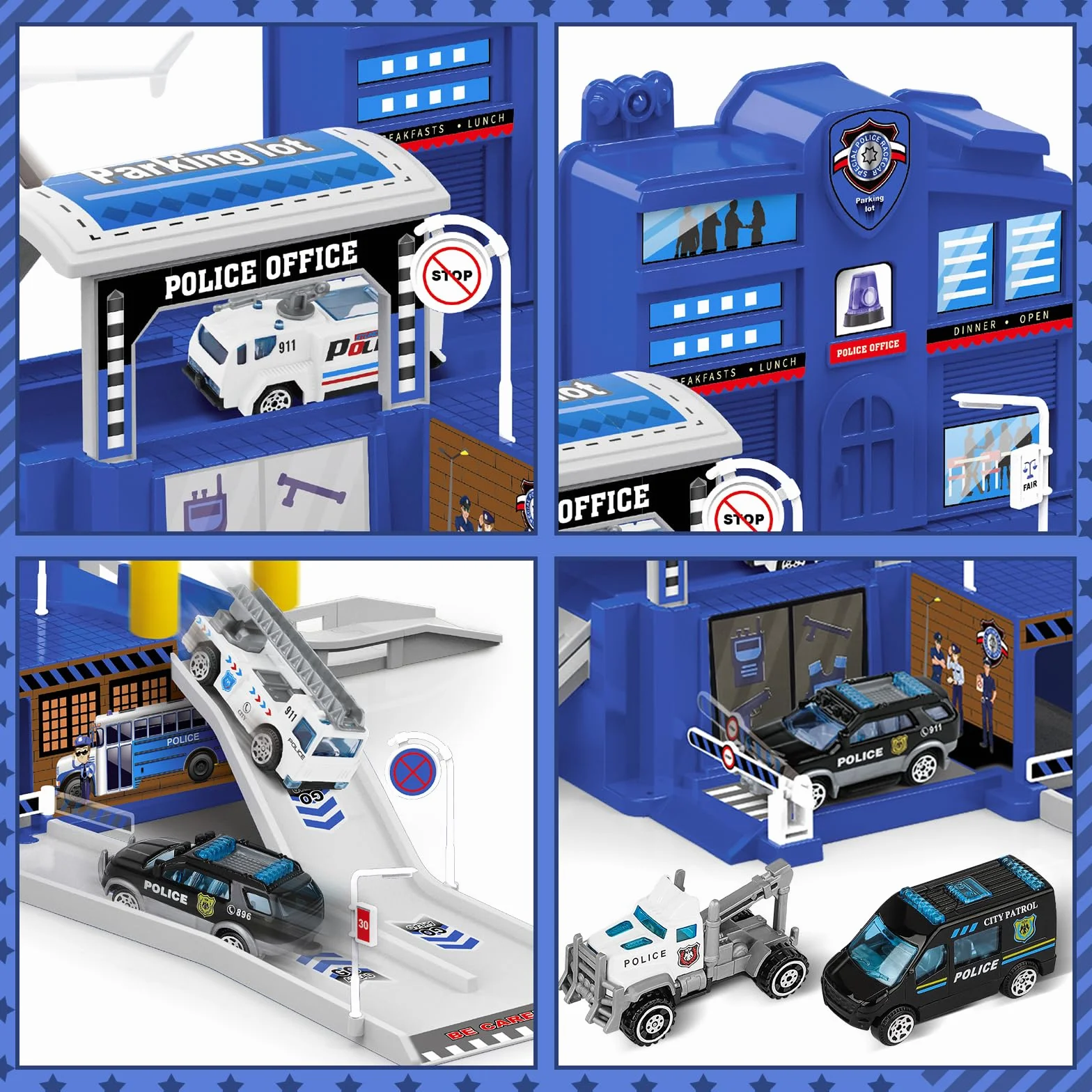 deAO Stazione di Polizia della Città, Giocattolo da Costruzione con Edificio per Uffici, Veicoli della Polizia, Elicottero, Camion, con della Polizia, Regalo per Bambini e Bambine dai 3 Anni in su