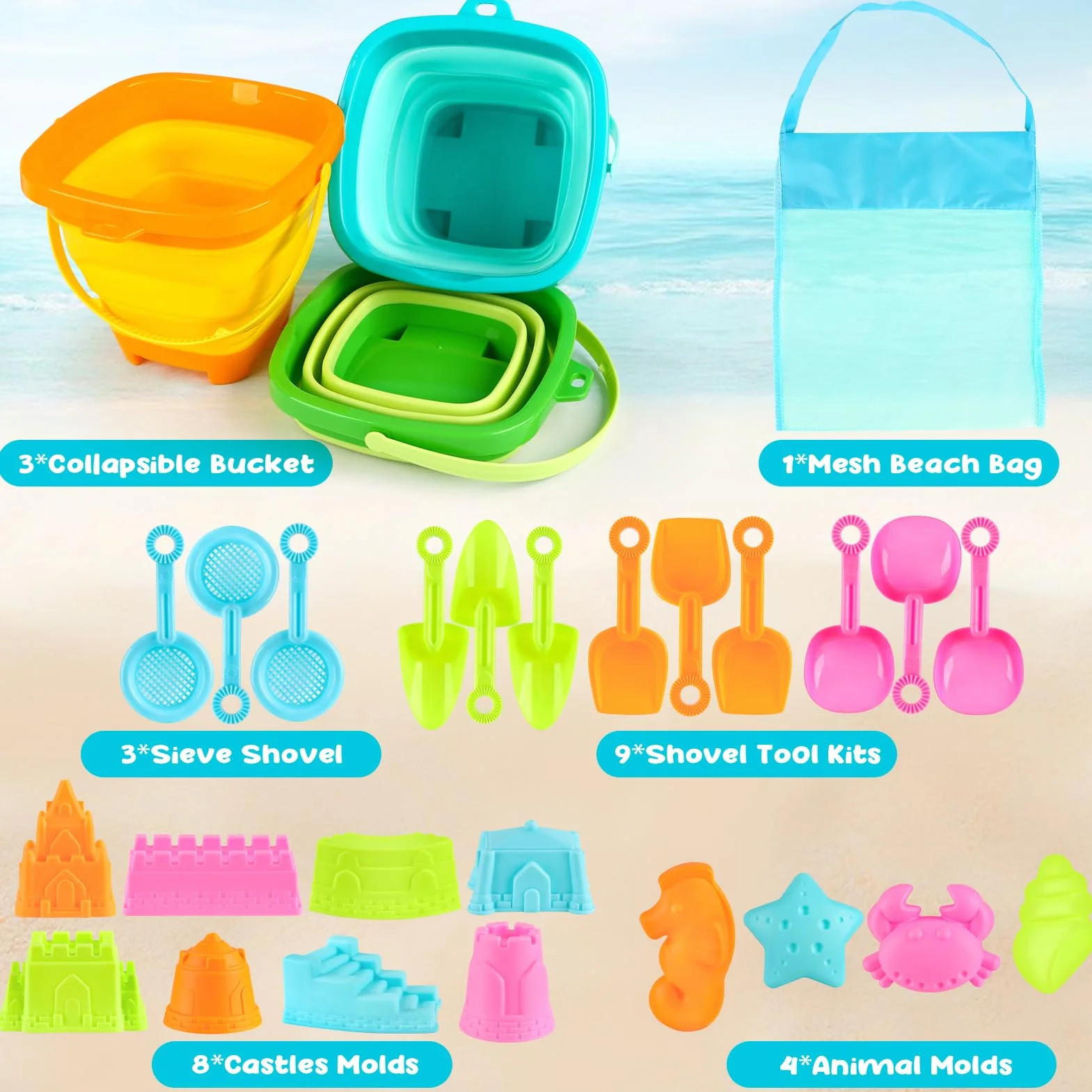 YIMORE Giochi Spiaggia Bambini, 28 PCS Sabbia Giocattoli da Viaggio con Secchiello Pieghevole Bambini, Giochi Mare per Bambini Ragazzi Ragazze
