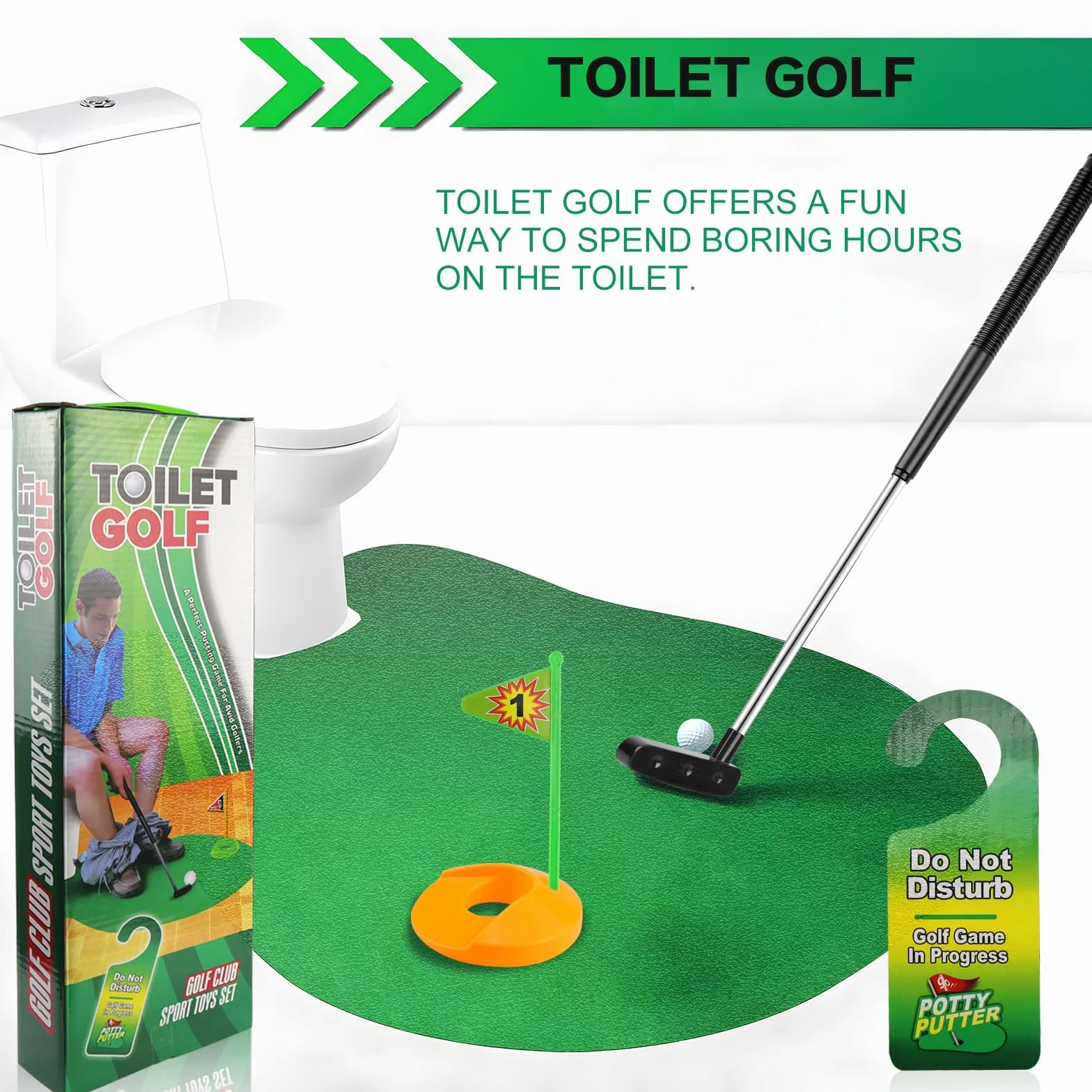 FAELNK Golf Toilet Game Golf Game Set Minigolf Adatto per Regali Divertenti per Giocatori di Golf con Mazza da Golf 65 cm, Tappetino da Golf, 2 Palline da Golf e Appendiabiti