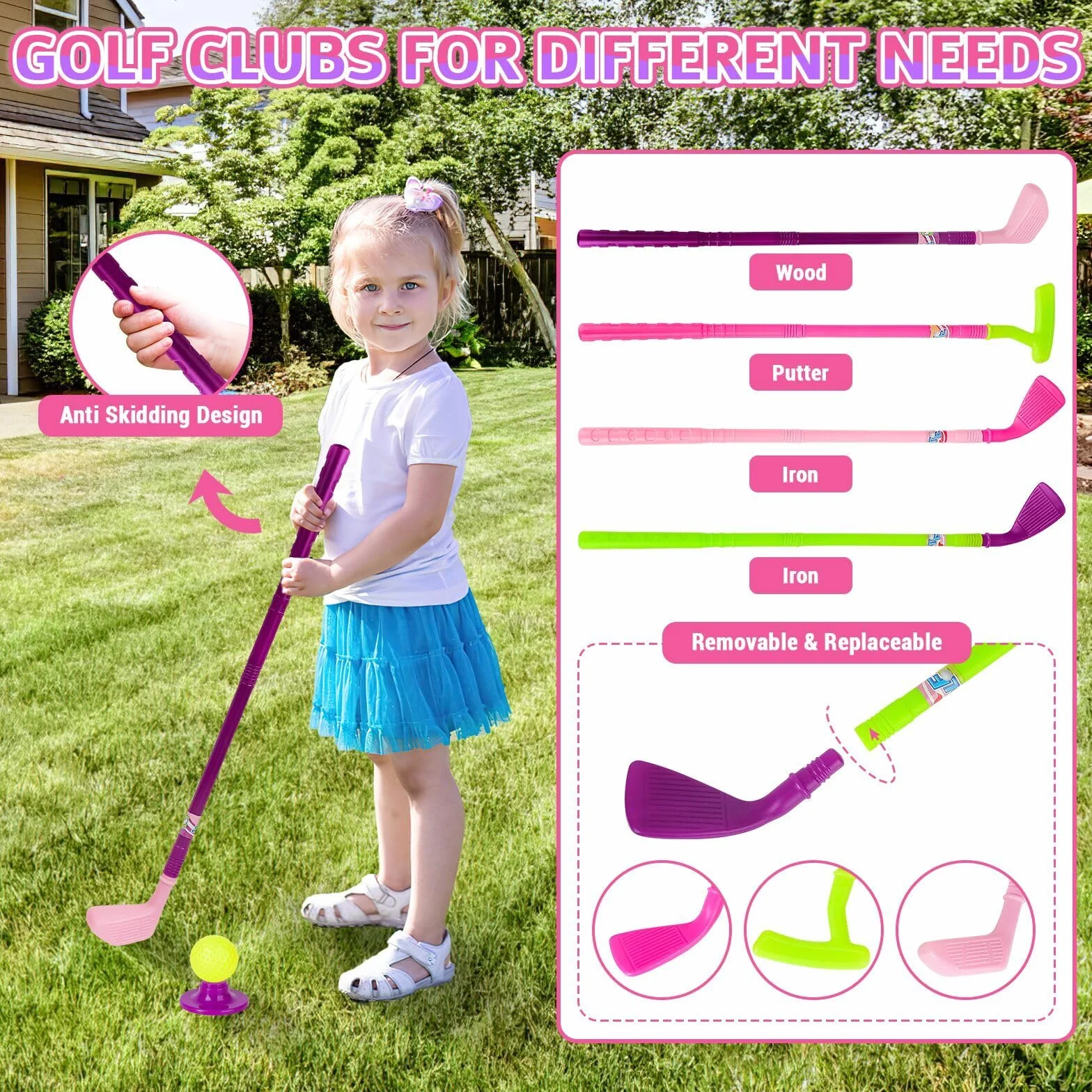 deAO Golf Set Giocattoli per Bambini, Tappetino da Golf, 4 Putter da 60CM, 6 Palline da Golf, Giocattoli per Bambini, Giocattoli da Interno Esterno Regali di Compleanno per Ragazzi Ragazze