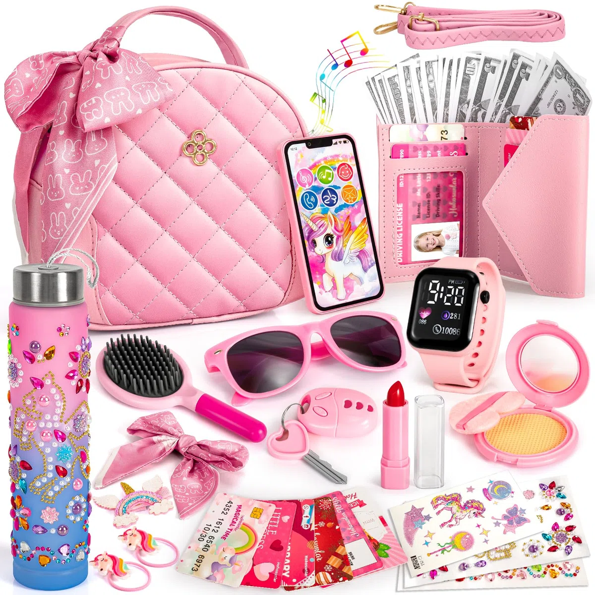 Hohosunlar Borsetta per Bambina con Accessori Giocattolo, Trucchi Bambina, DIY Unicorno Bottiglia D'acqua, Watch, Telefono, Portafoglio, Regali di Compleanno di Natale per Ragazze 3 4 5 6 7 8 Anni
