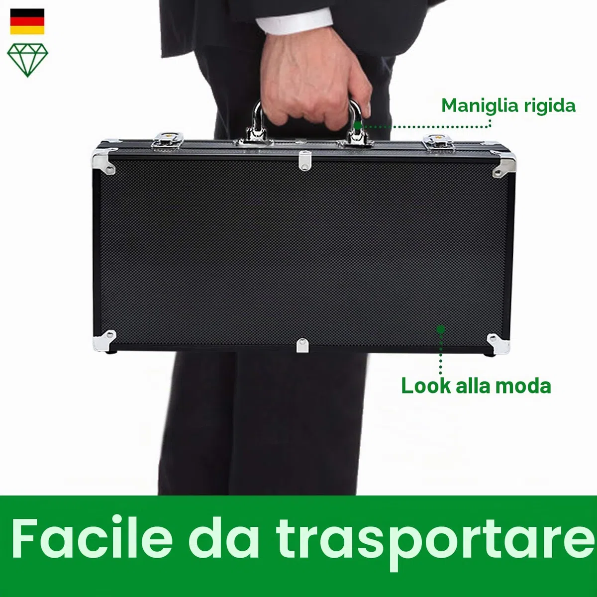 Valigetta da Poker Set da 500 fiches da Poker fiches da Poker Laser con mazzi da Poker 2X, Pulsante Dealer 3X, Dadi 5X, Custodia in Alluminio con 2 Chiavi - Nero