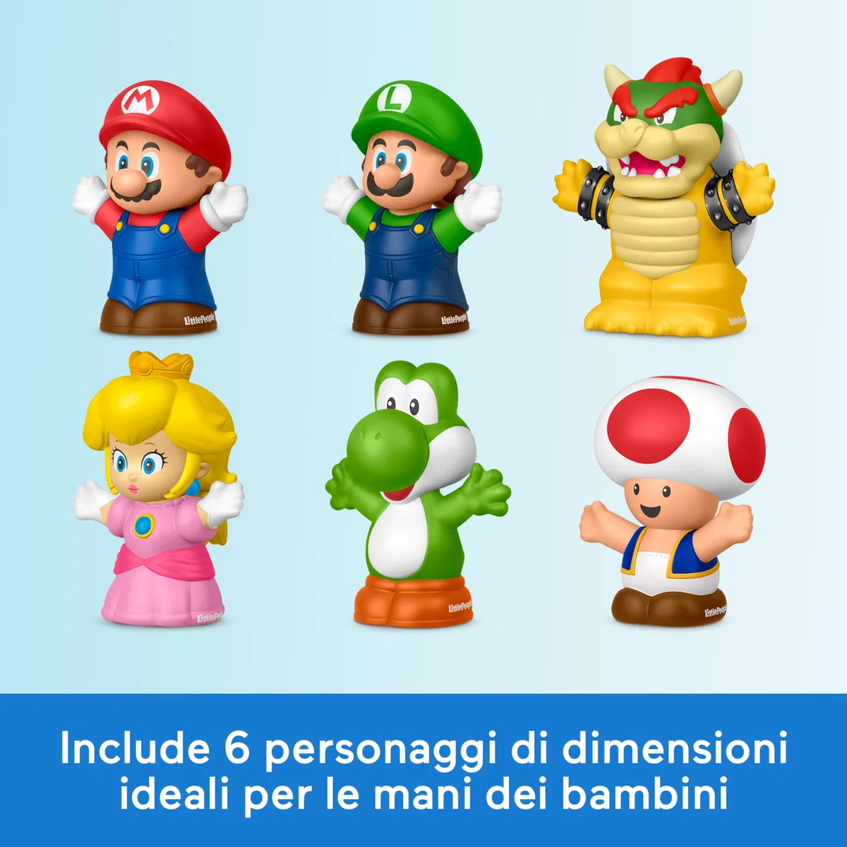 Fisher-Price Little People - My Mario, set con 6 personaggi dal mondo di Super Mario, include Mario, Luigi, Principessa Peach, Toad, Yoshi e Bowser, giocattolo per bambini, 1+ anni, JHG63