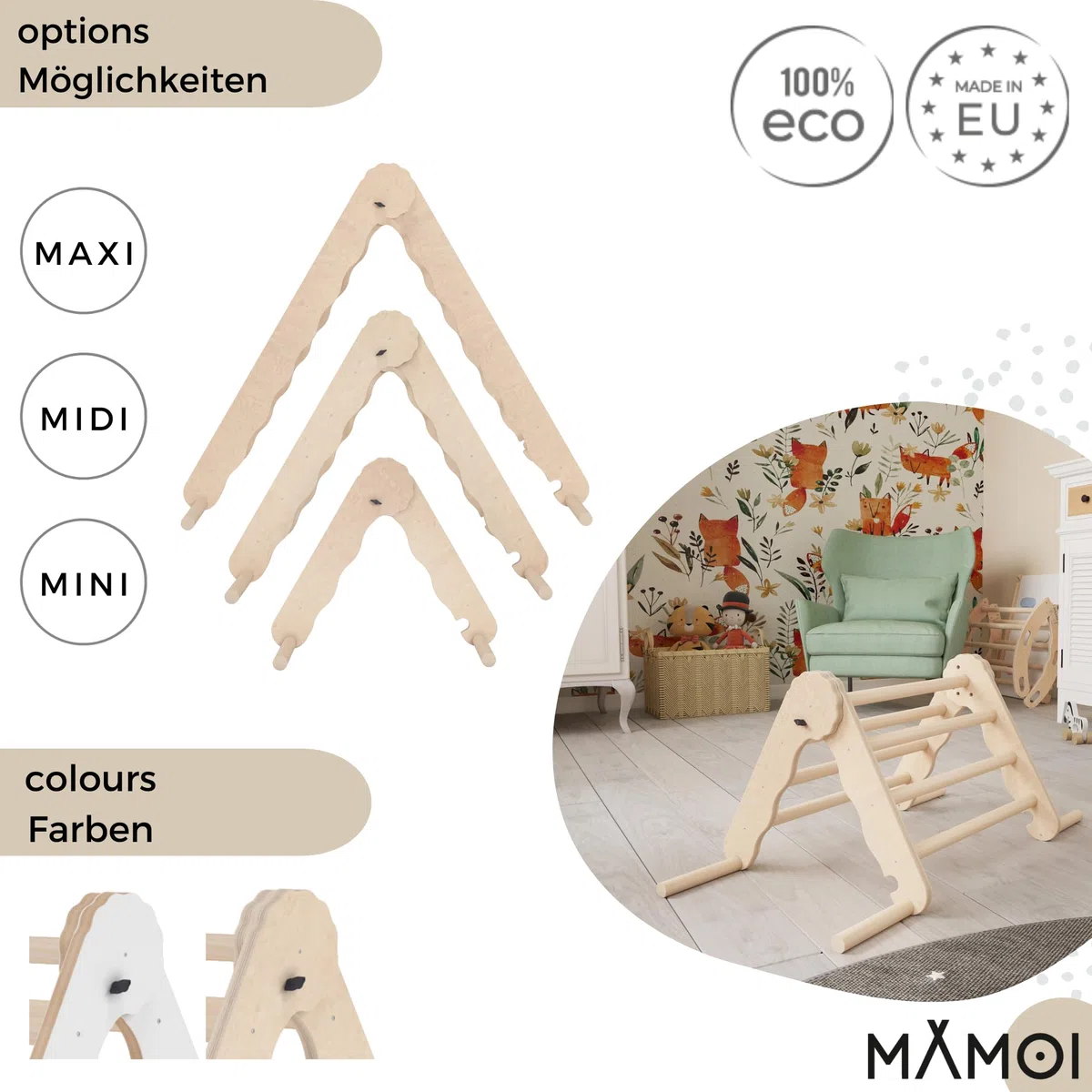 MAMOI® Triangolo in legno naturale per bambini, Parete arco arrampicata per uso interno, Percorso a partire