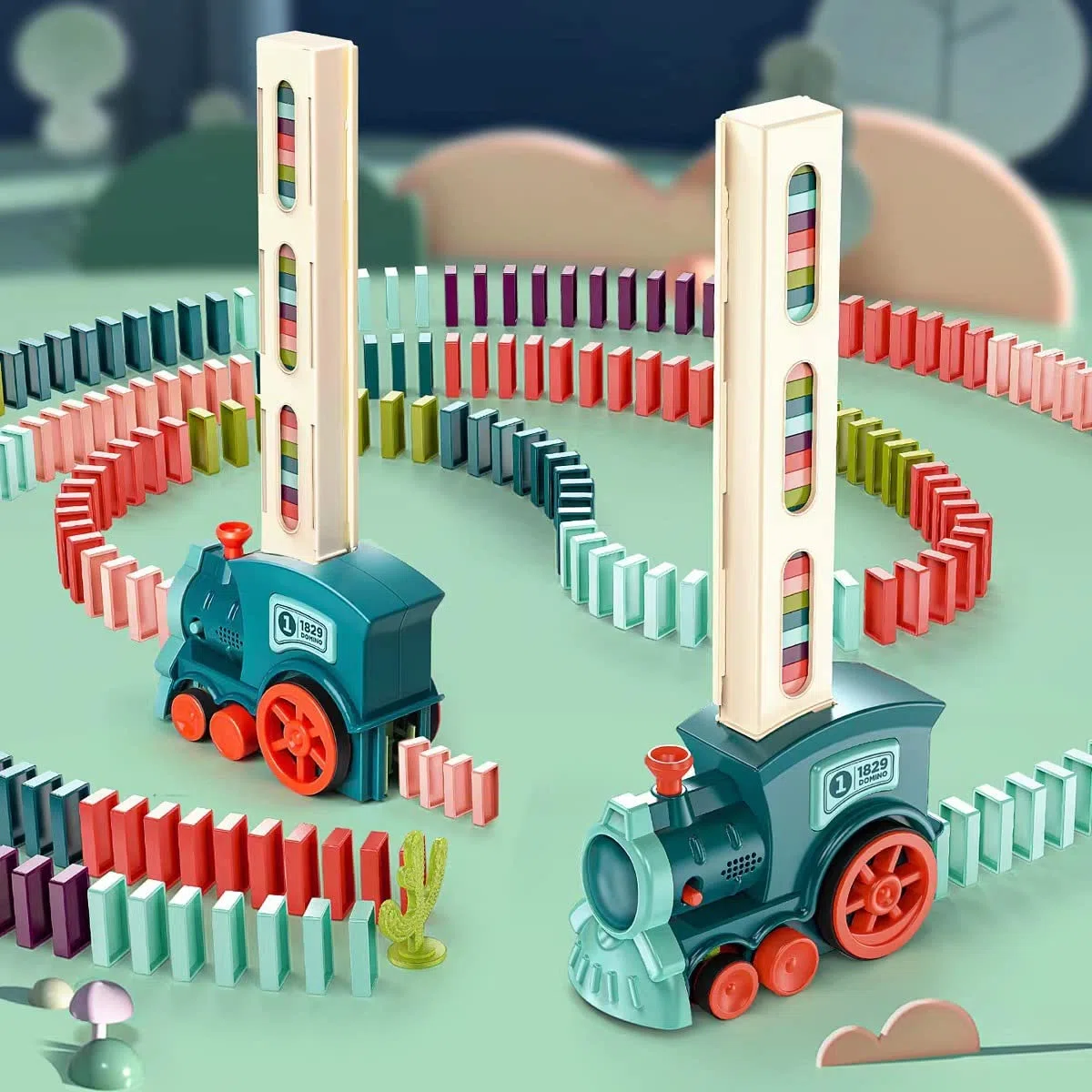 OBEST Treno del Domino, 180 PCS Blocchi Elettrico, Automatico Distribuzione Locomotiva, Giocattolo Educativo Regalo per Ragazze e Ragazzi dai 3 Anni in Su