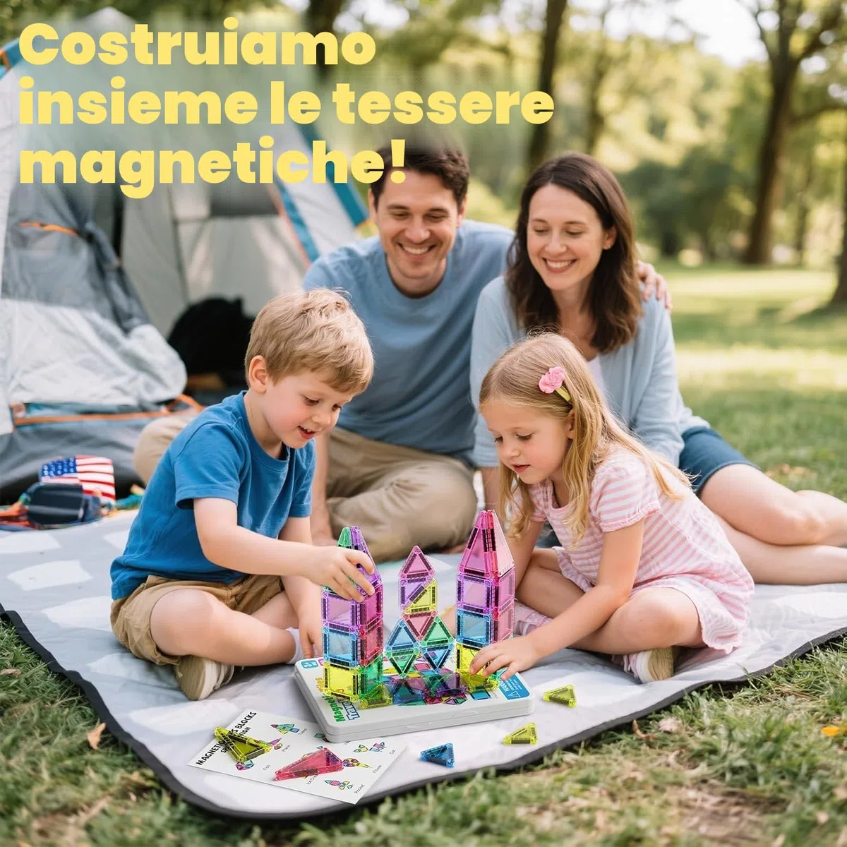 Set di 42 mattonelle magnetiche da viaggio per bambini, portatili, da viaggio, mini piastrelle magnetiche, giocattoli magnetici, scatola da costruzione montessori, giocattolo regalo per bambini di 3+