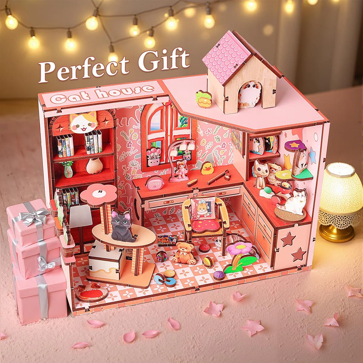Cuteefun Miniature Casa delle Bambole, Kit da Casa di Bambole in Legno con LED, Struttura a Incastro, Facile da Assemblare, Regalo per Compleanni, Natale e Halloween (Casetta per Gatti)