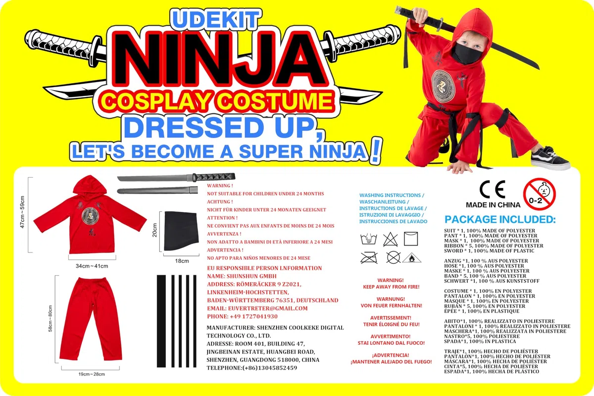 Costume da ninja rosso con cappuccio, pantaloni, nastri e spada giocattolo per bambini, festa cosplay di Halloween